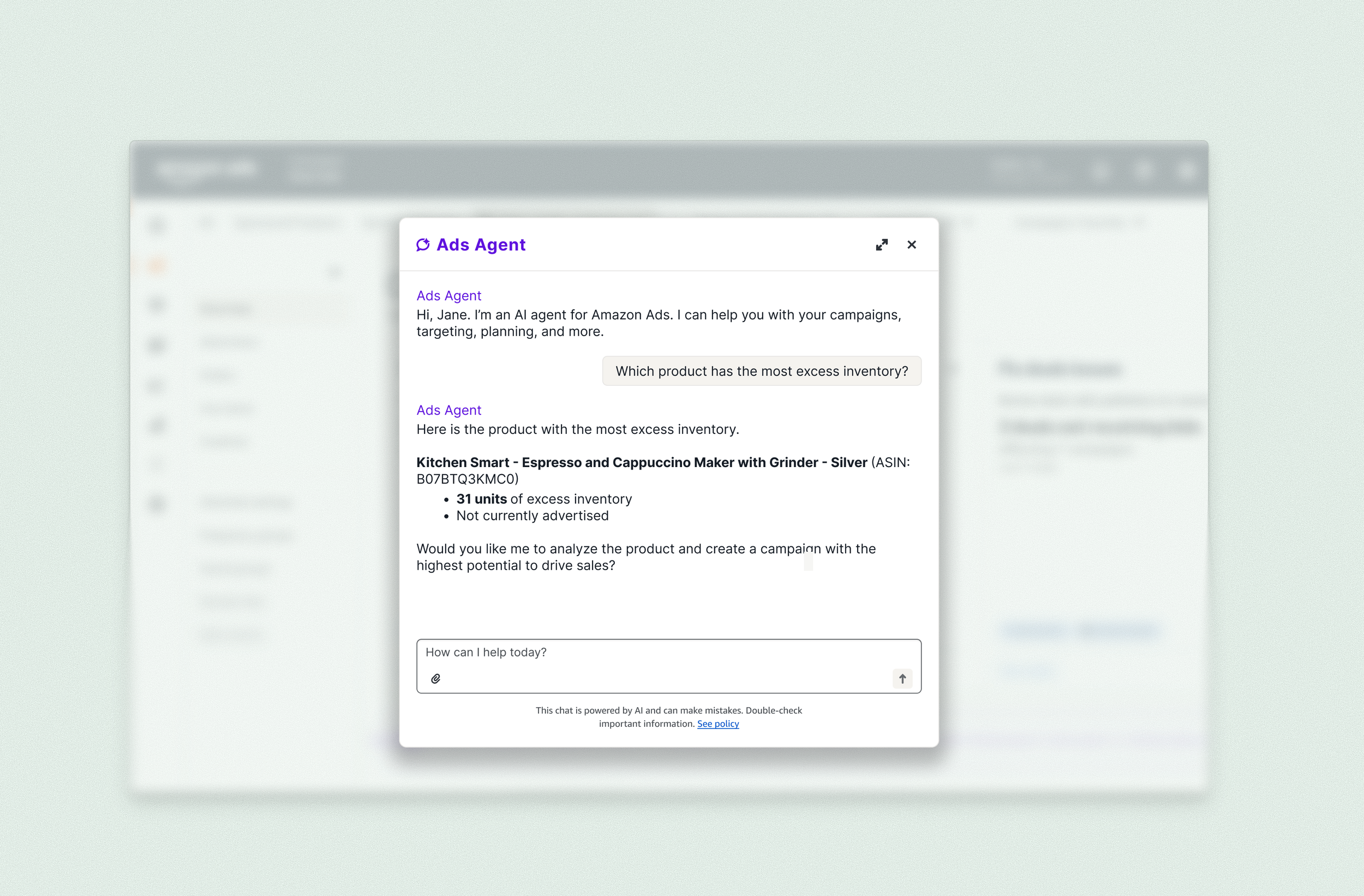 A chat conversation within Amazon's AI Ads Agent
