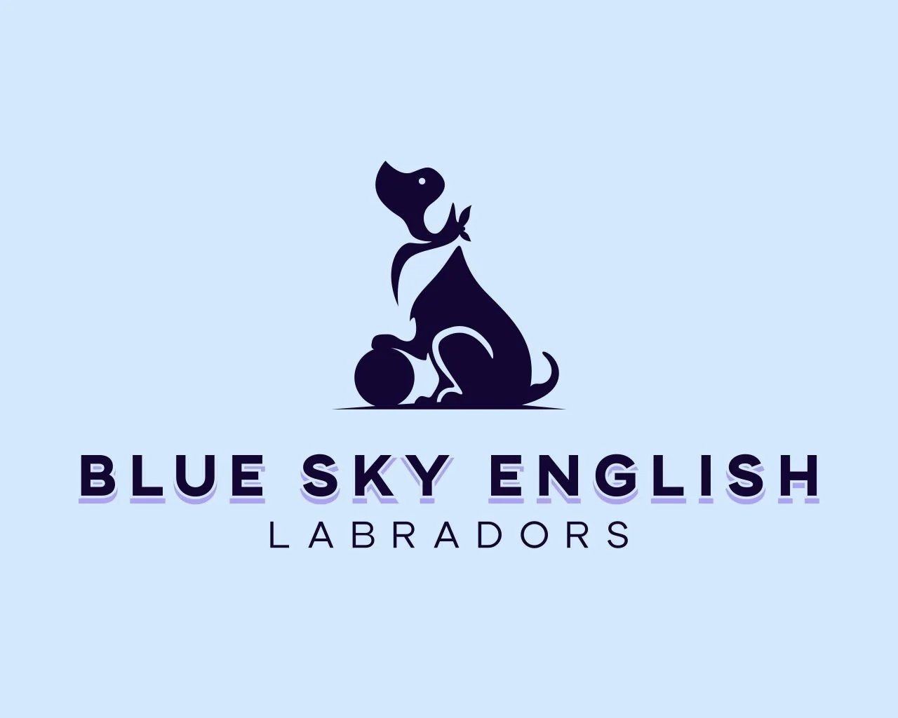 A logo for Blue Sky English Labradors featuring a stylized silhouette of a Labrador retriever dog and a ball, with the words 'BLUE SKY ENGLISH' above and 'LABRADORS' below.