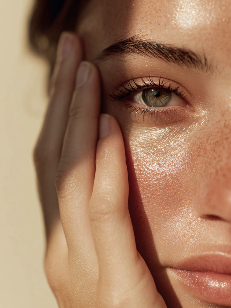 Gros plan d'une femme avec la peau brillante, tenant son visage avec ses doigts, mettant en valeur son œil vert et ses traits faciaux