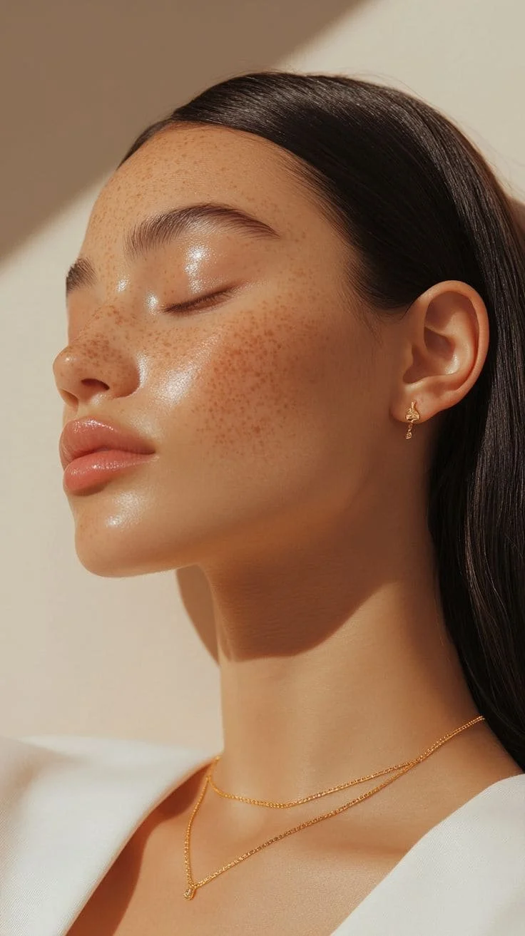Jeune femme avec peau claire, taches de rousseur, cheveux longs noirs, portant des boucles d'oreilles en or et deux colliers fins en or, yeux fermés, expressions de détente, lumière naturelle.