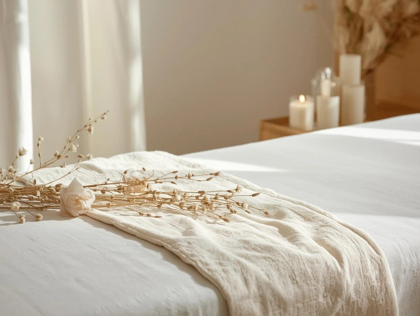 Un lit blanc avec des draps blancs, décoré avec des branches sèches et une rose en tissu, dans une chambre apaisante avec des bougies allumées sur une table de chevet en bois.