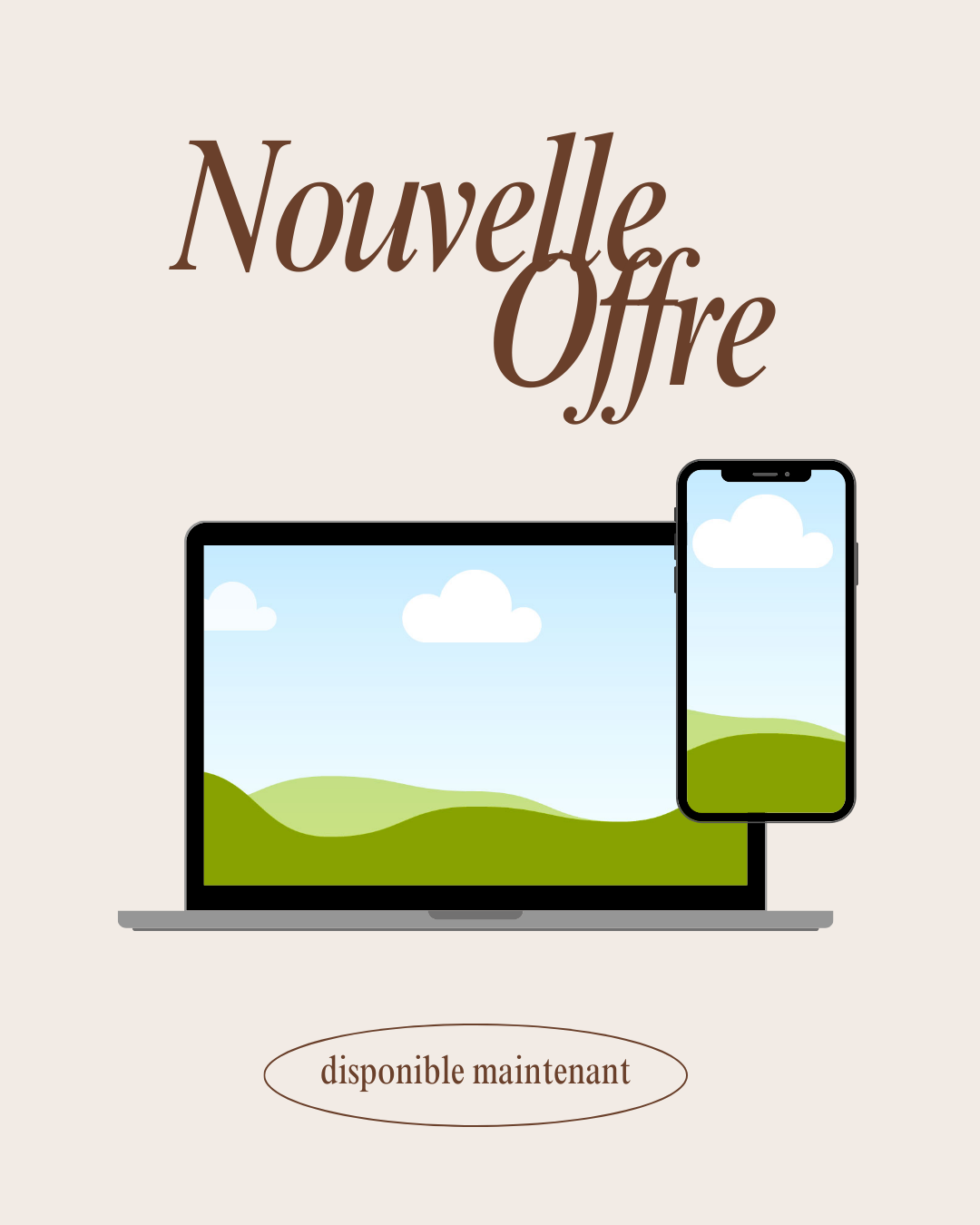 Annonce de nouvelle offre avec images d'un ordinateur portable et d'un téléphone affichant des paysages de collines et de ciel bleu, et texte en français "Nouvelle Offre" et "disponible maintenant".