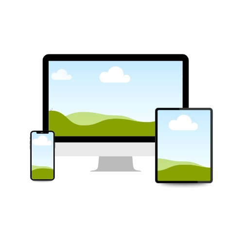 Différents appareils électroniques affichant une image de paysage avec des montagnes et des nuages, connectés pour une présentation