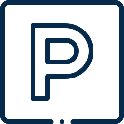 Logo de station de parking avec un 'P' bleu sur fond noir.