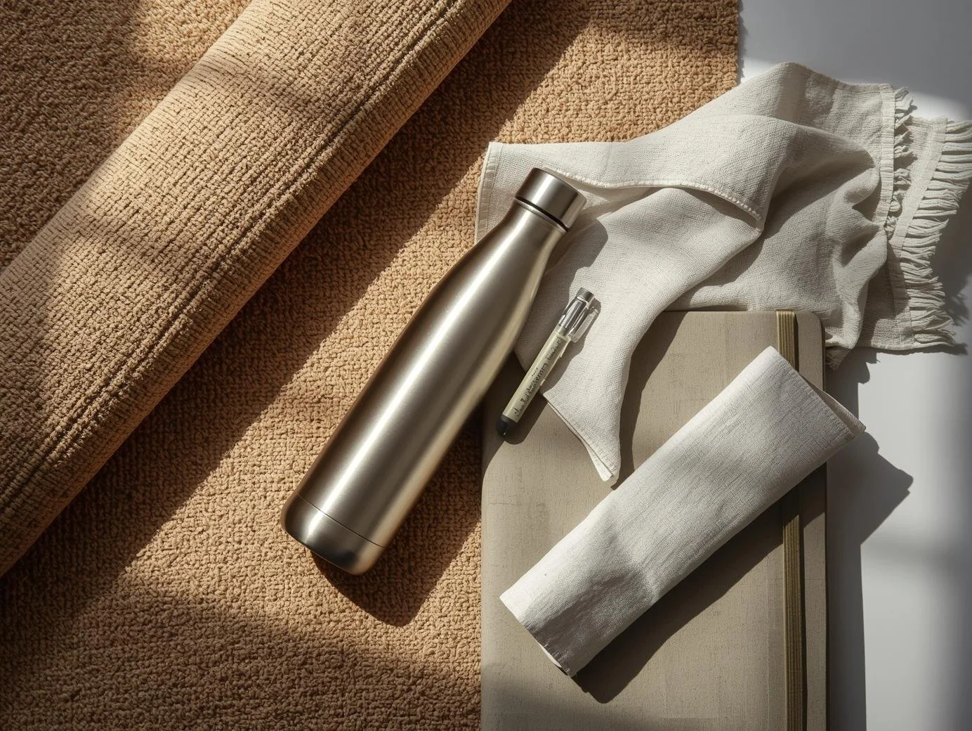 Une bouteille en acier inoxydable, une trousse blanche, un marqueur, un livre, et deux serviettes en tissu blanc sont disposés sur une surface, avec des tapis beige en arrière-plan, sous la lumière naturelle.