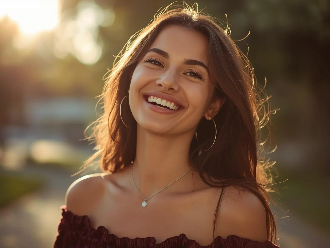 Une jeune femme joyeuse avec de grands earrings en cercle, un collier, souriant, lors d'un coucher de soleil