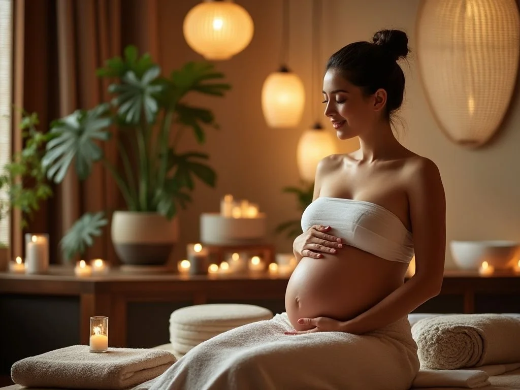 Une femme enceinte assise dans un spa, entourée de bougies et de plantes, avec une ambiance chaleureuse et relaxante.