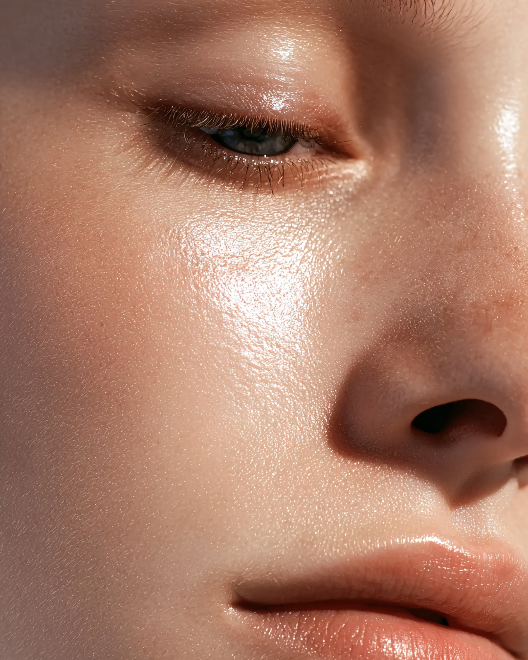 Gros plan du visage d'une personne avec peau lisse et éclatante, mettant en valeur l'œil fermé, le nez et la bouche.