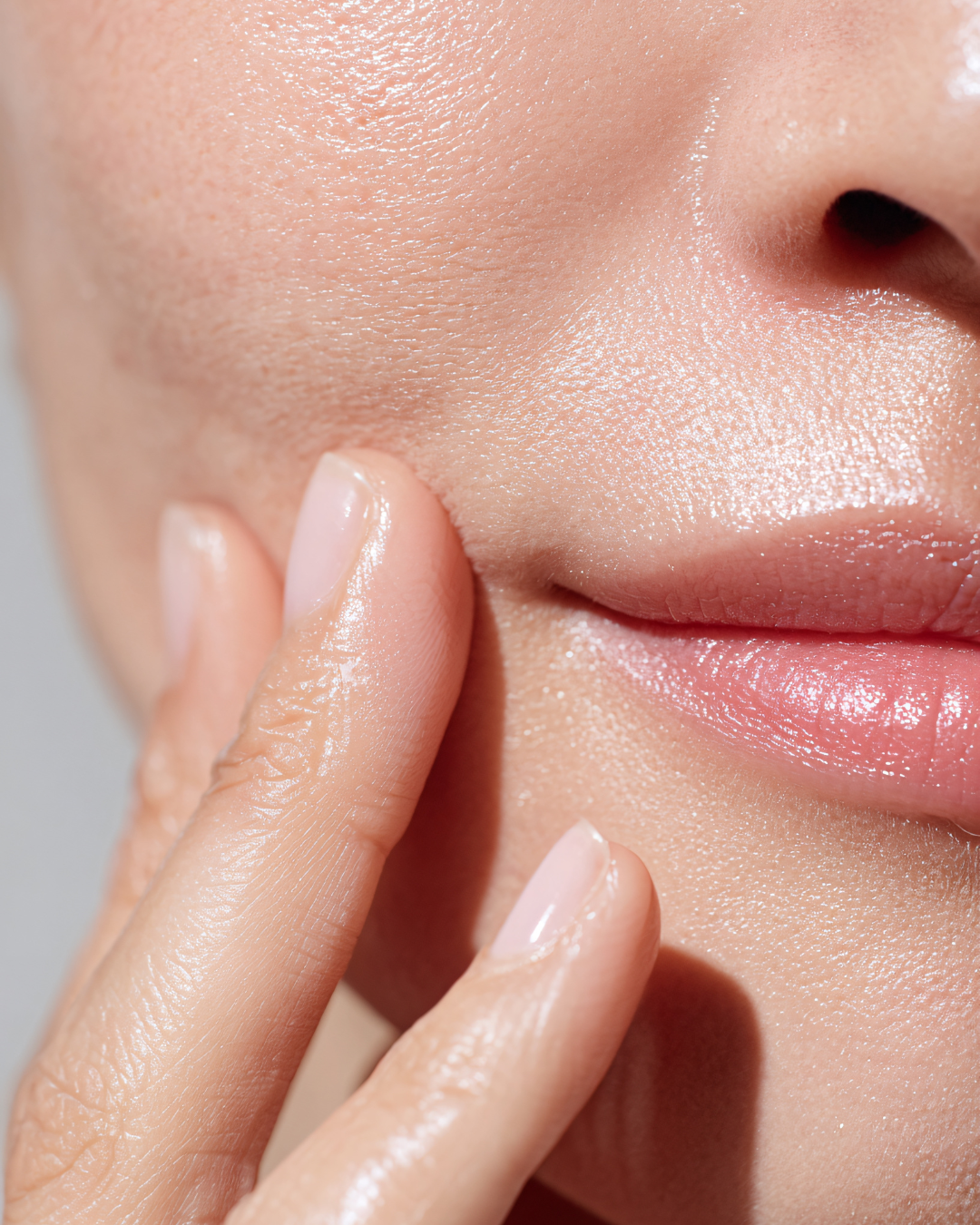 Gros plan sur le visage d'une femme, mettant en évidence sa peau claire, son nez et ses lèvres. Elle touche doucement sa joue avec son index et son majeur.