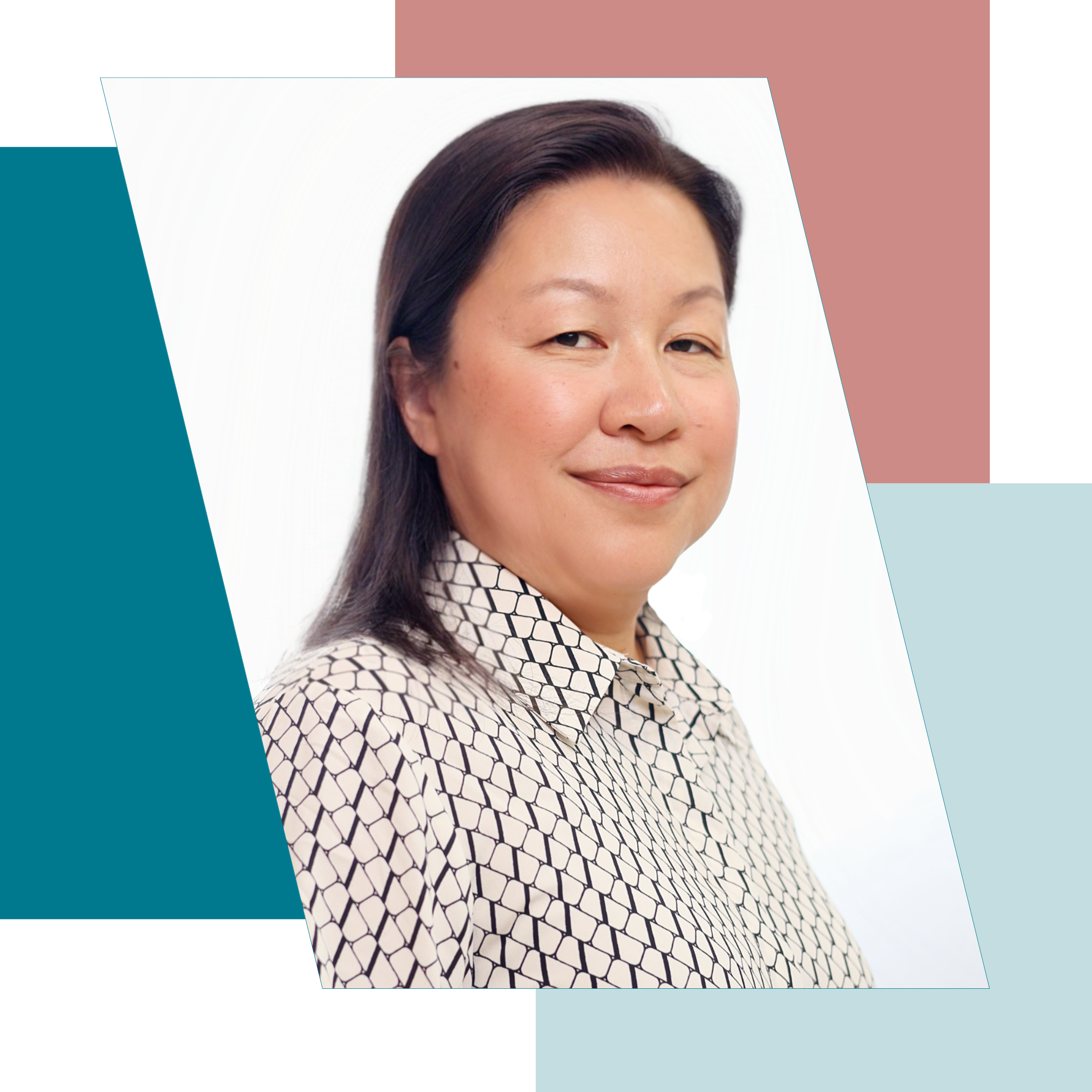 A professional headshot of a woman with black hair, wearing a patterned collared shirt, set against a geometric background with pastel colors.