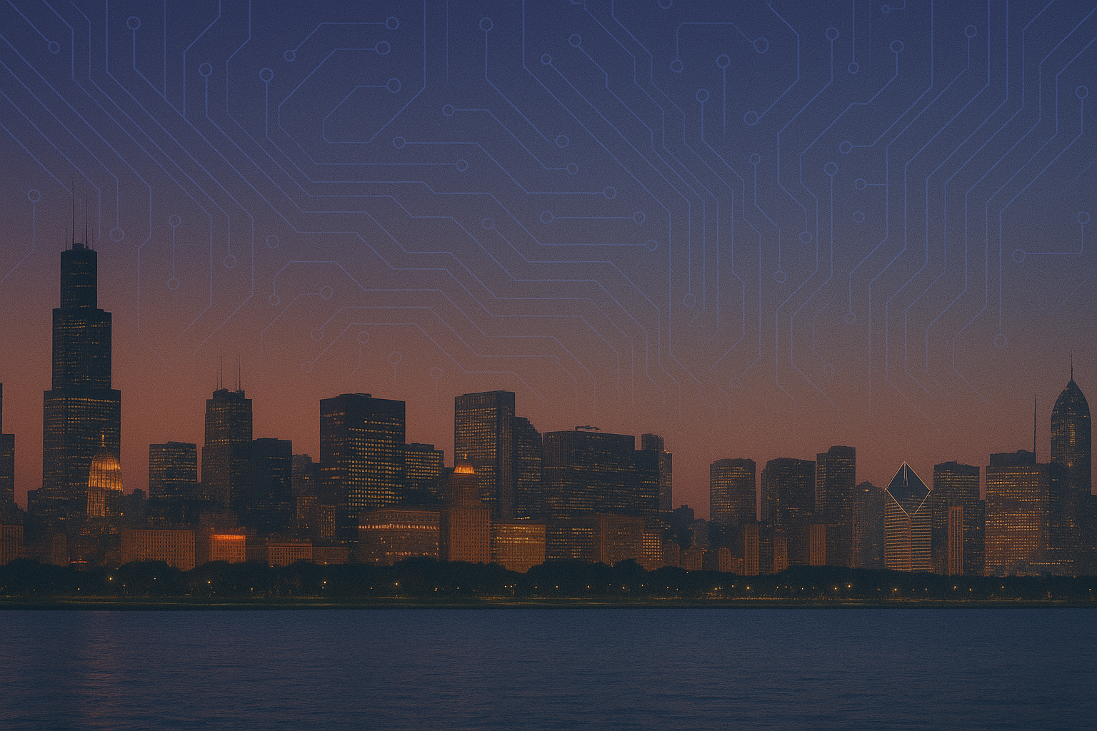 Chicago city skyline at night with circuit elements in the sky