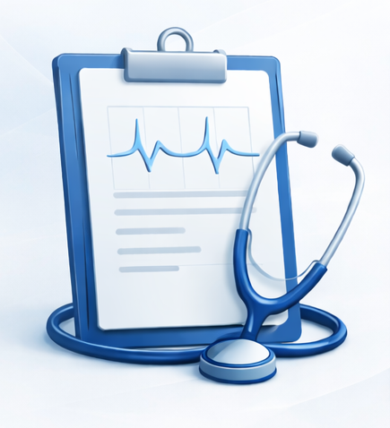 Clipboard with ECG wavform and stethoscope.