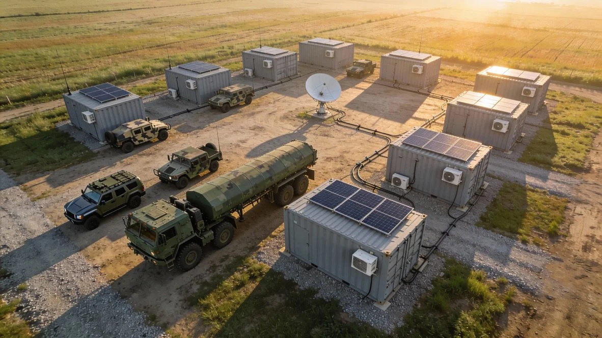 Mobile military base with container units equipped with autonomous energy and air conditioning units, surrounded by vehicles and satellite dish, in a rural field during sunset.