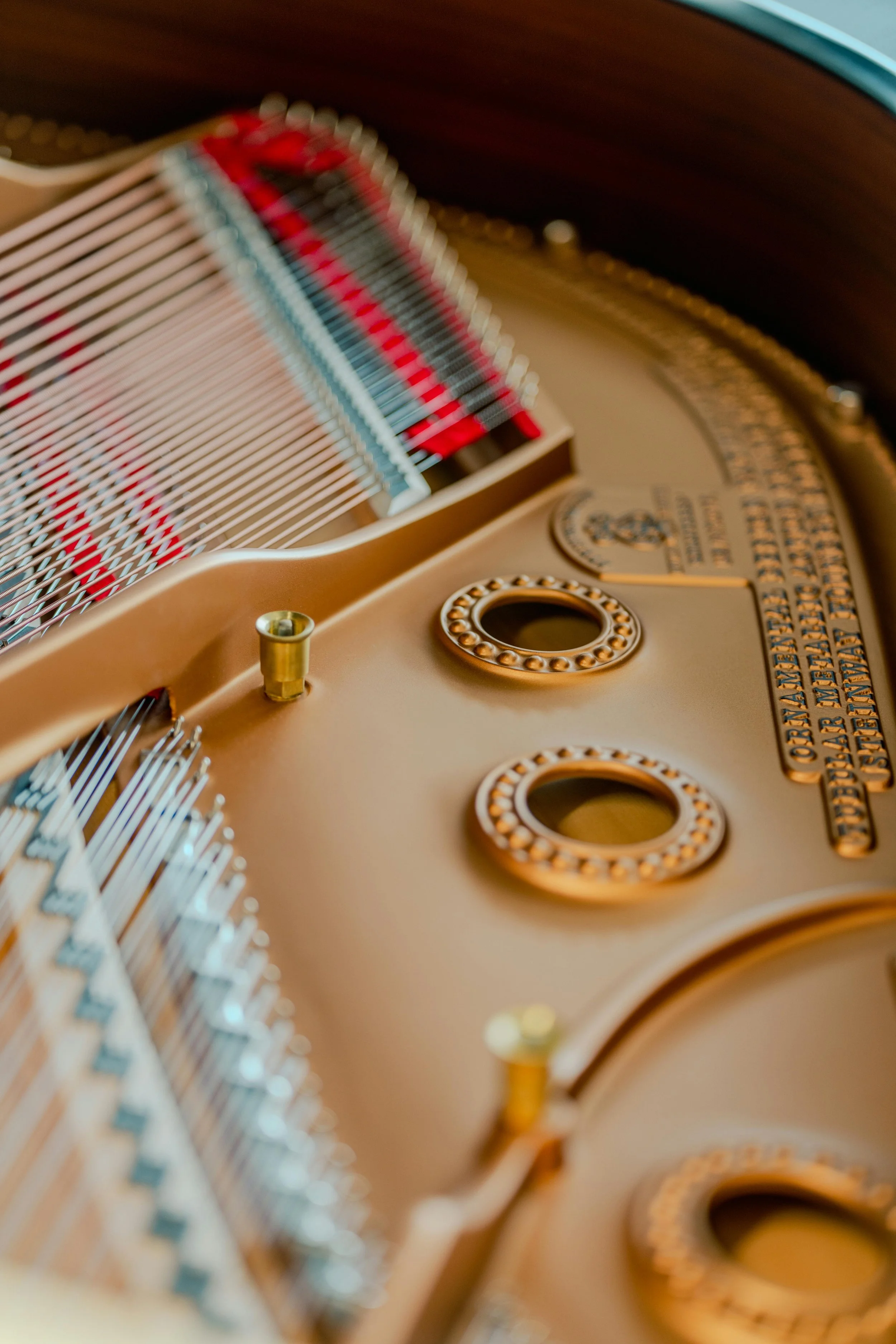 Close-up of the interior of a grand piano showing strings, tuning pins, and the gold-colored soundboard.
