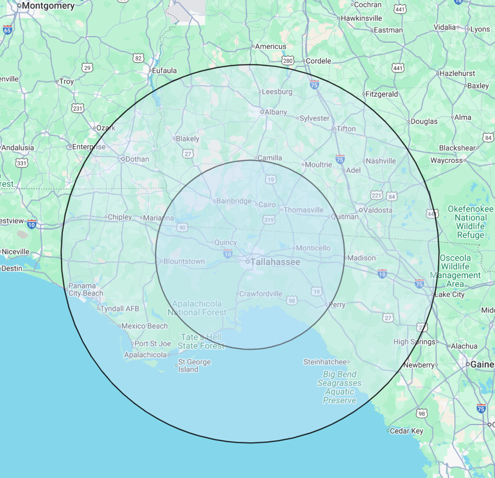 Map of central Florida showing concentric circles around Tallahassee, depicting an area spanning from Panama City Beach in the west to Lake City in the east and from Montgomery to the north down to the Gulf of Mexico in the south.