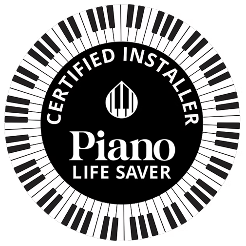 Circular logo with piano keys outline, text reading 'Certified Installer Piano Life Saver', indicating a certified piano installer.