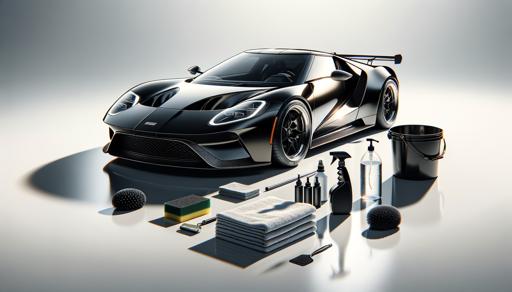 Black sports car with car wash and detailing tools including towels, sponge, spray bottles, brushes, and cleaning solutions arranged in front of the car.