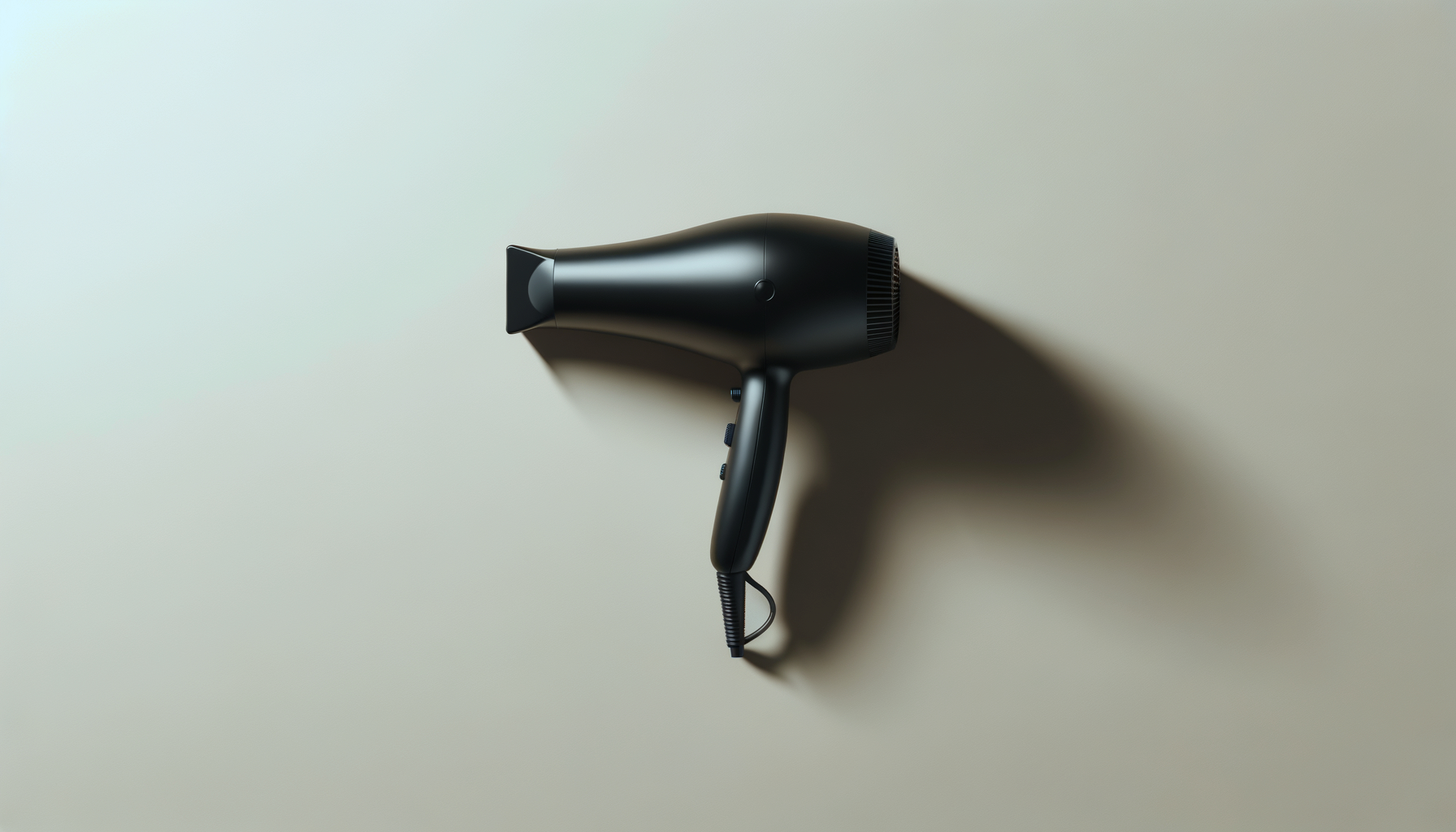 Black hairdryer with a cord, placed on a light-colored surface, casting a shadow.