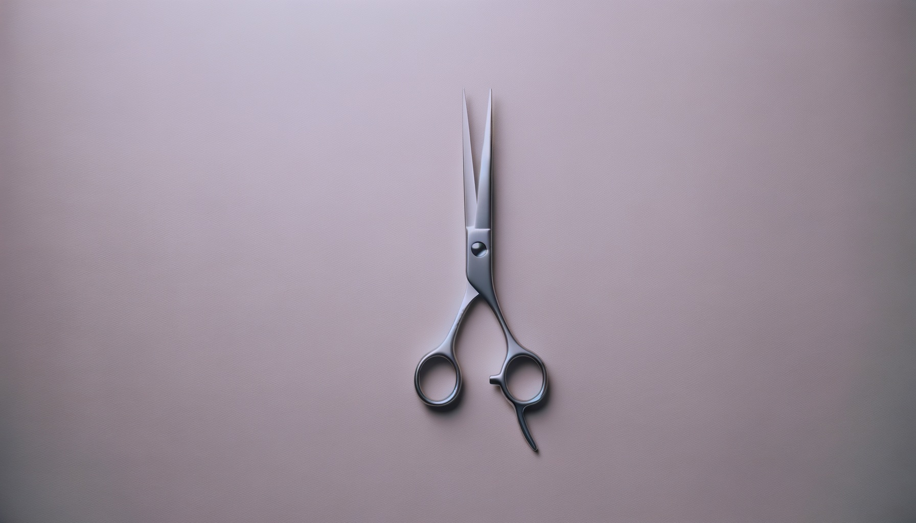 A pair of professional hairdressing scissors with one finger rest, lying on a pale pink background.