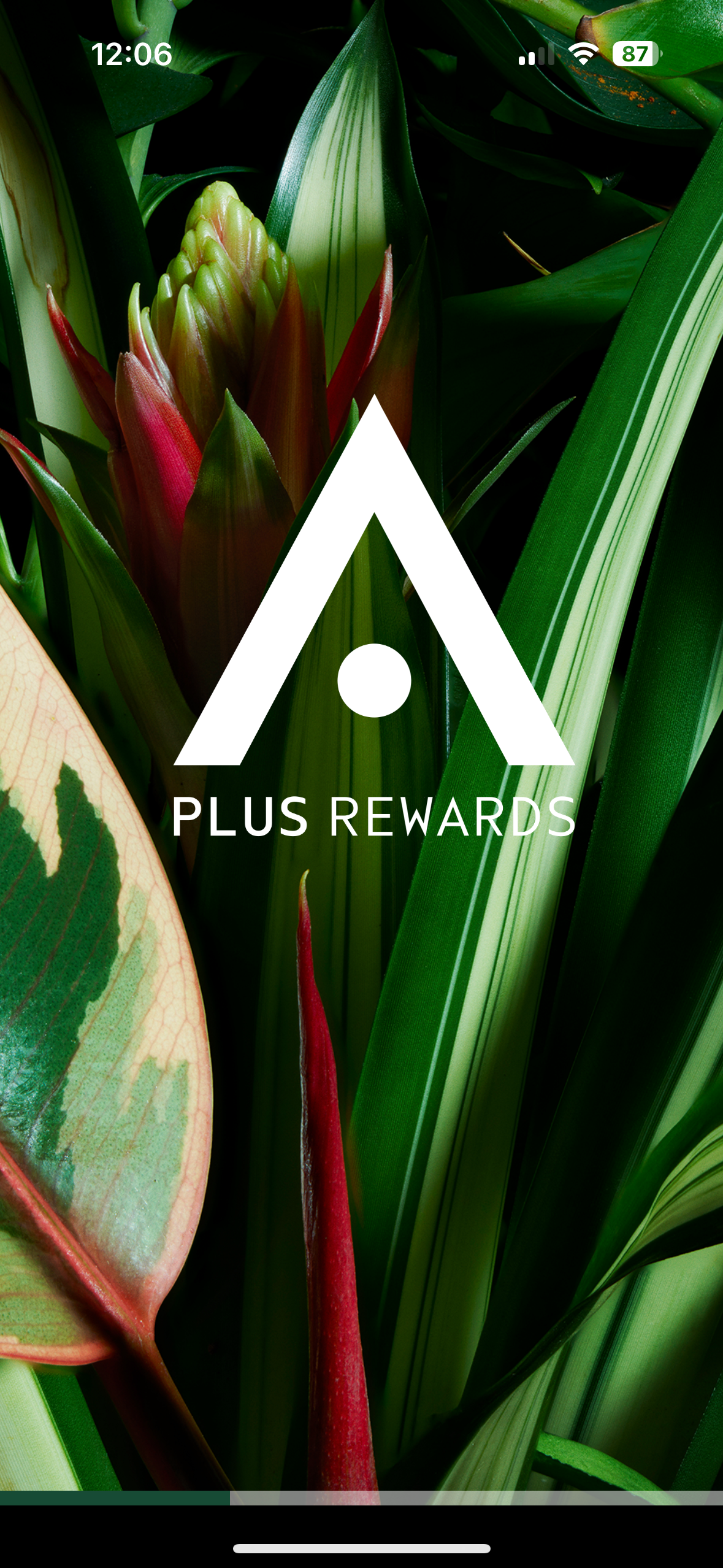 A mobile phone screen showing a photo of green foliage and a pink flower sprouting from the plants, with a white logo and text that reads 'PLUS REWARDS' overlaid on the image.