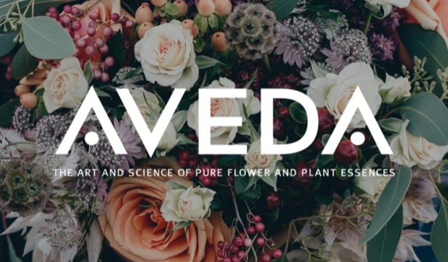 Close-up of a floral arrangement with roses, berries, and greenery, with the text 'AVEDA: The art and science of pure flower and plant essences' overlayed.