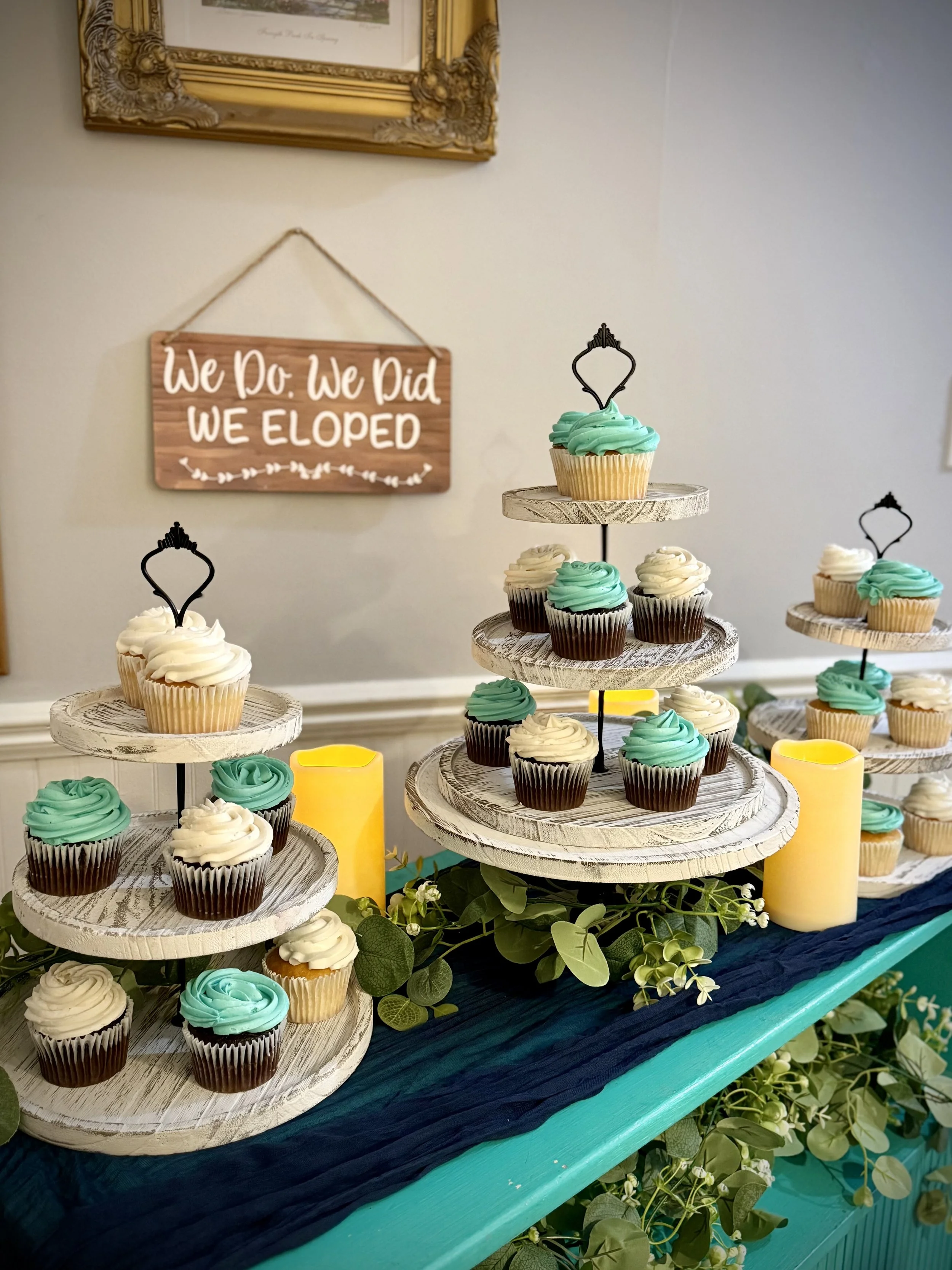 Rustic Dessert Display Set: (4) Tiered Cupcake Stands (10"-14" tiers)  • 
(2) Single Stands (12"x6")  • 
(8) Rectangular Serving Trays (4"x11") • $60
