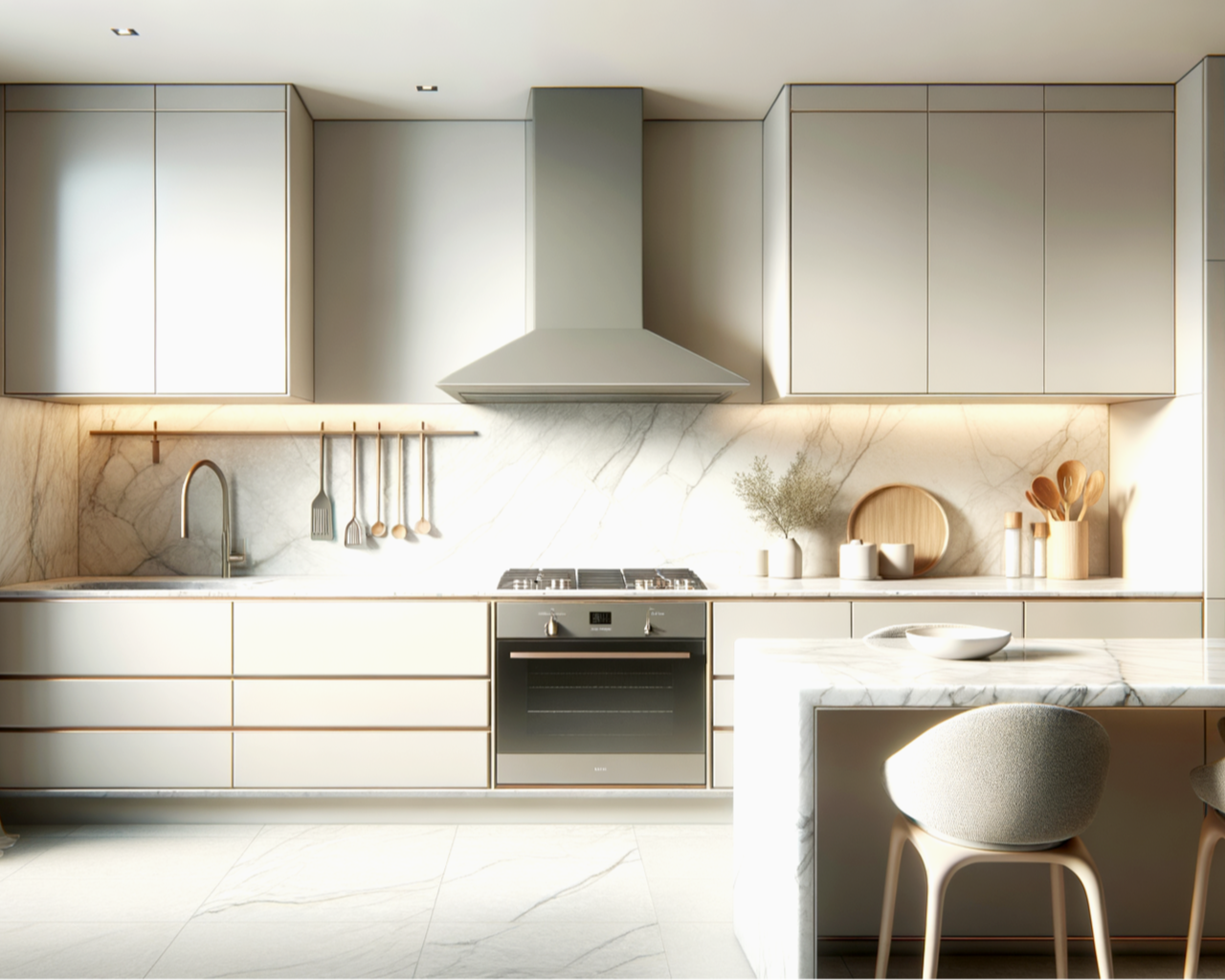 Modern kitchen with white cabinets, marble backsplash, and a built-in oven. Contains a stovetop, range hood, and a marble island with a bowl. There are stools at the island and decorative kitchenware on the counter.