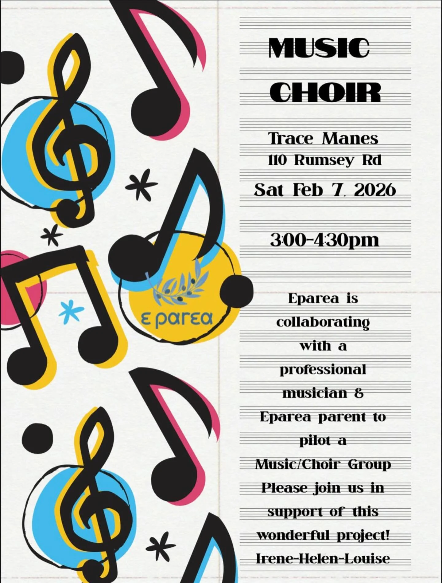 🎶 Music &amp; Choir at E-Parea 🎶
We&rsquo;re so excited to pilot a brand-new **Music/Choir Group** in collaboration with a **professional musician** and an amazing **E-Parea parent**! 💛

📍 **Trace Manes** | 110 Rumsey Rd
📅 **Saturday, Feb 7, 202
