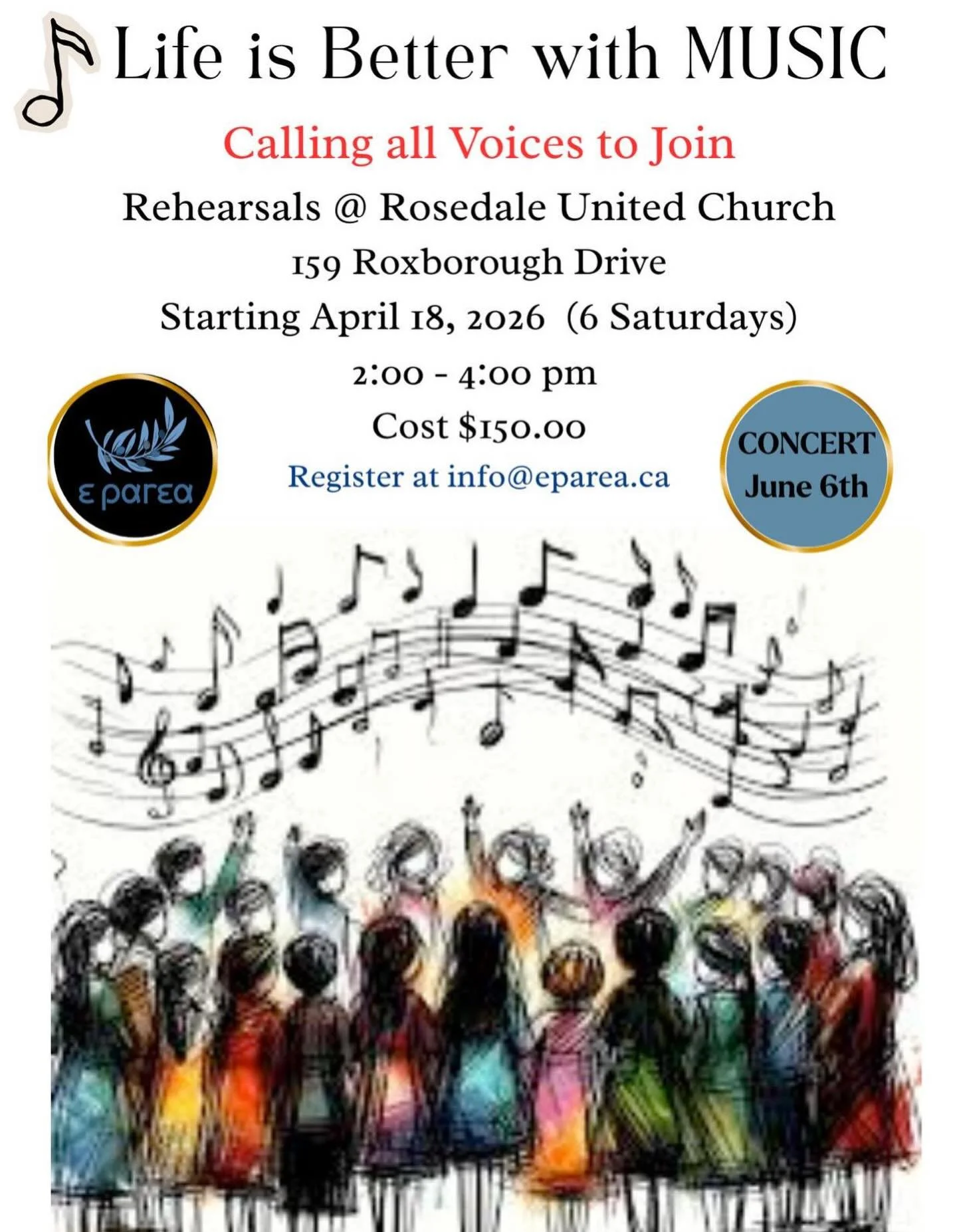 Life is better when every voice is welcome. 🎶
Calling all singers with diverse abilities to join our inclusive E-Parea Special Needs Choir! 💙 
Six Saturday rehearsals start April 18, 2026, 2&ndash;4 pm at Rosedale United Church (159 Roxborough Driv
