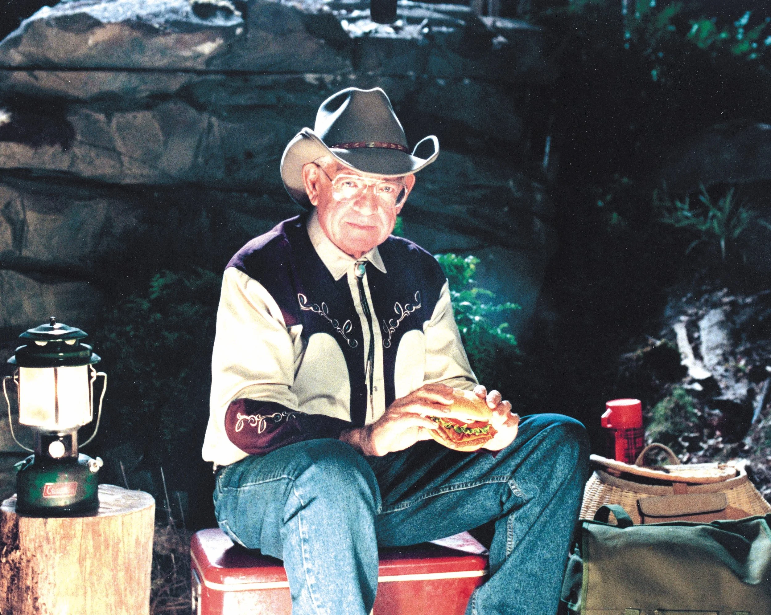 Dave Thomas in a cowboy outfit for a Wendy's commercial