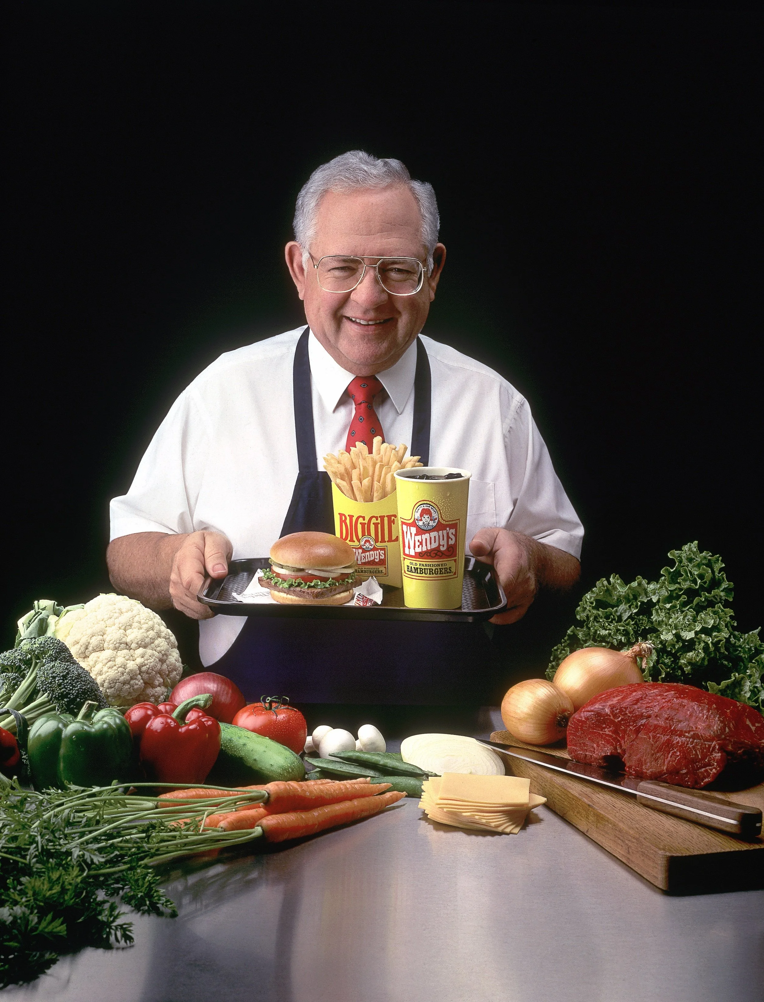 Dave Thomas with Wendy's food