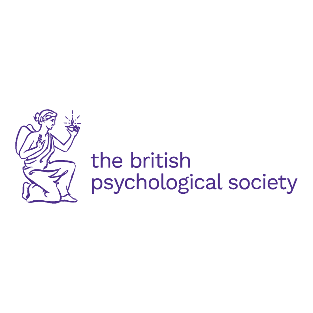 Logo of the British Psychological Society with a purple line drawing of a seated person holding a spark, and the text "the british psychological society" in purple.