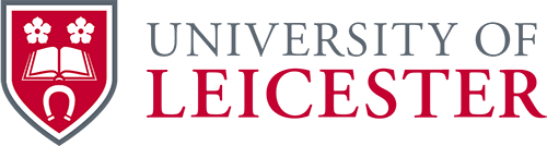 University of Leicester logo with a shield featuring an open book and flowers, and the university name in black and red text.