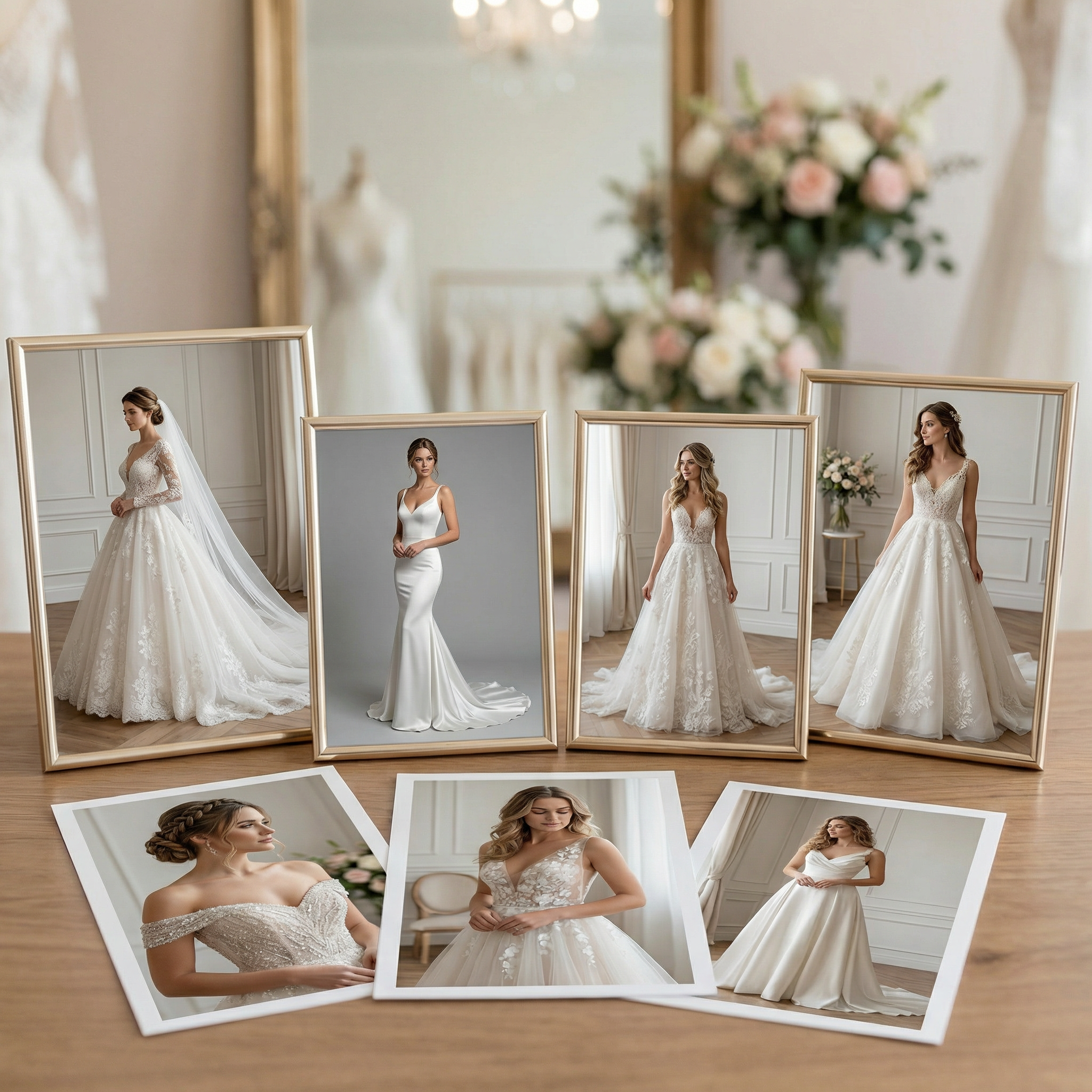 Multiple framed photographs of women in wedding dresses, along with three loose photographs of women in wedding dresses, displayed on a wooden table with a blurred background of flowers and a mirror.