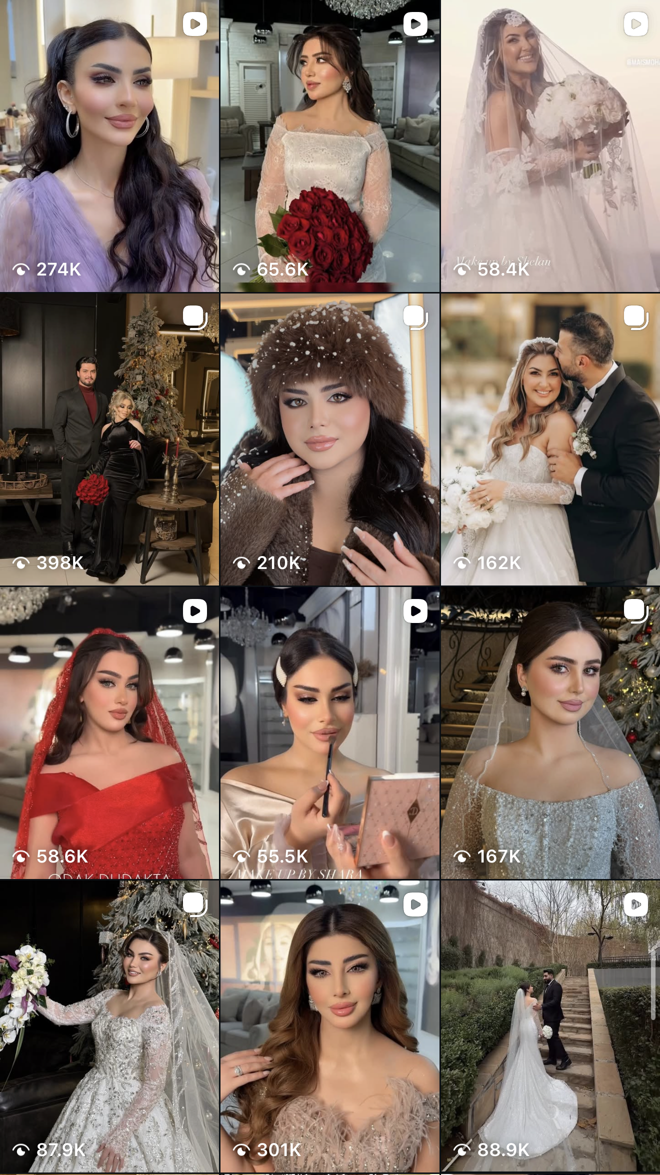 A collage of twelve bridal and wedding-related photos featuring women in wedding dresses, with some in wedding makeup and accessories, wedding preparations, and a wedding couple outside. Some images have video icons indicating video content.
