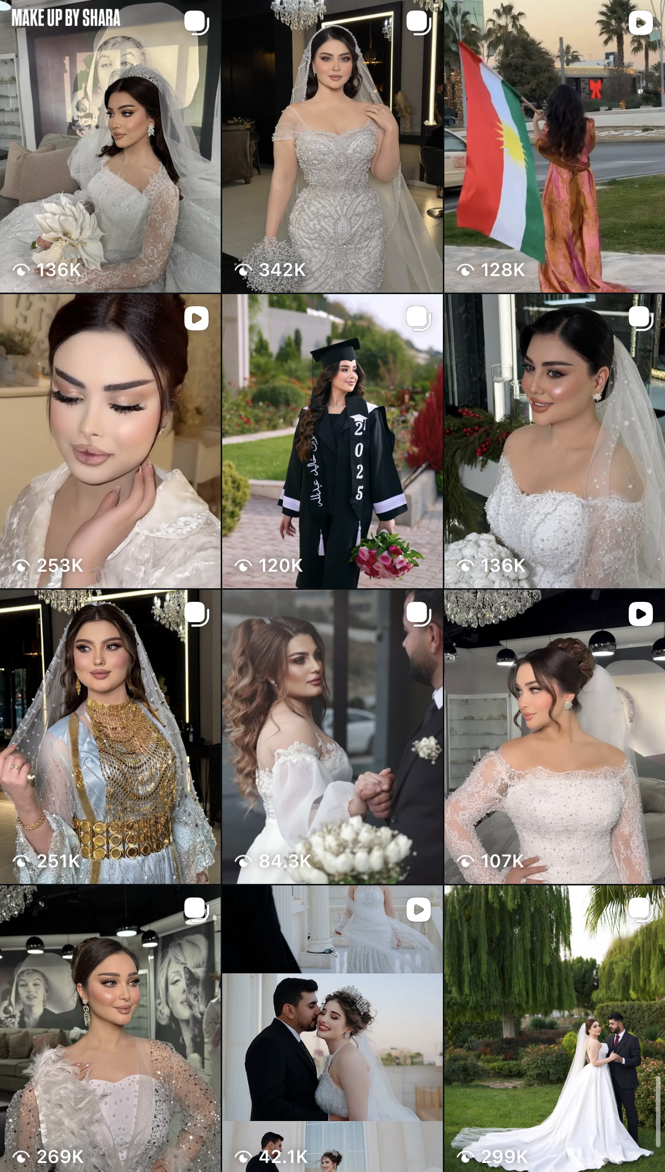 A collage of women in wedding dresses, a woman in a graduation gown, and a couple on their wedding day