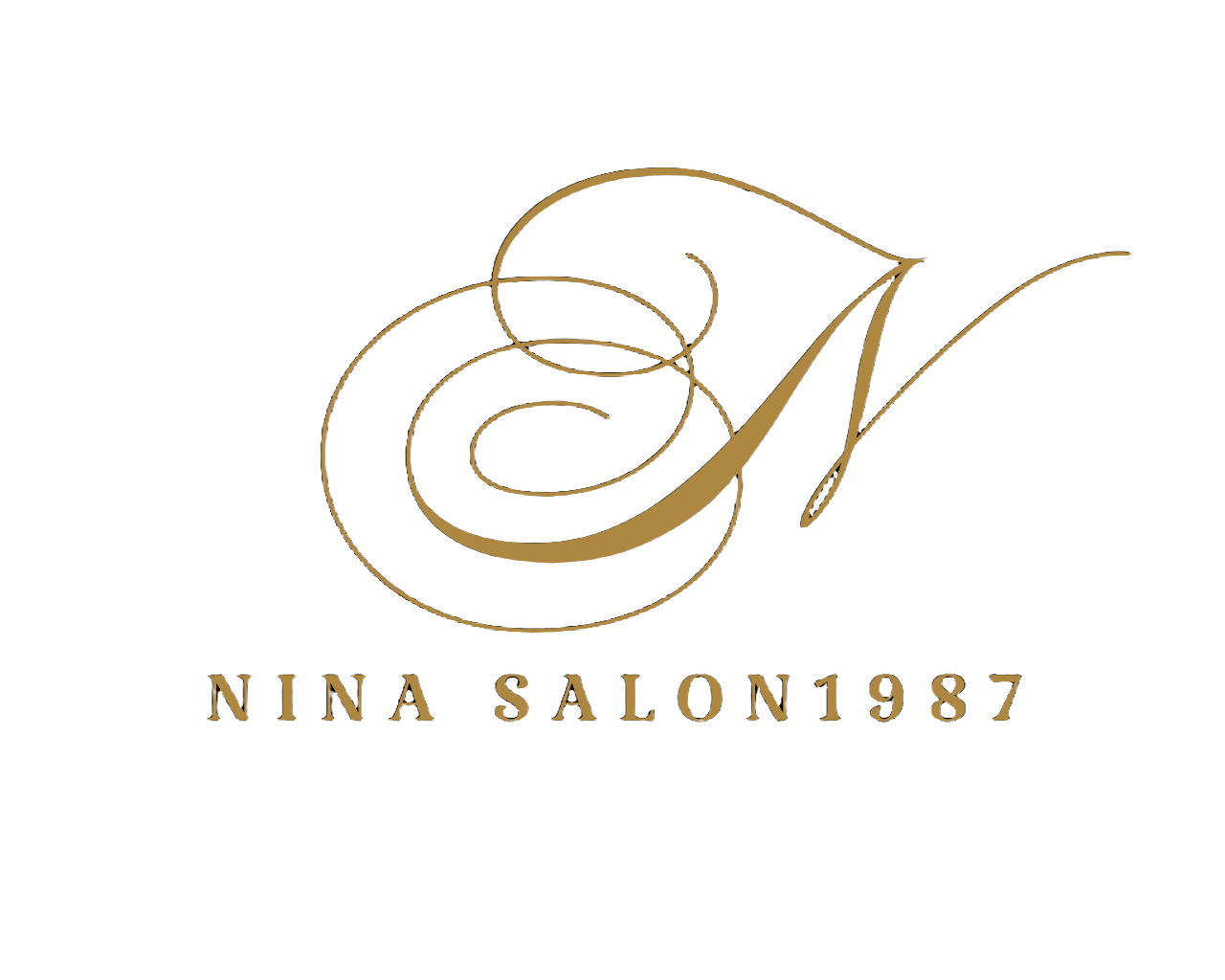 Elegant logo with a stylized gold cursive letter 'N' on a black background, with the text 'Nina Salon 1987' underneath.