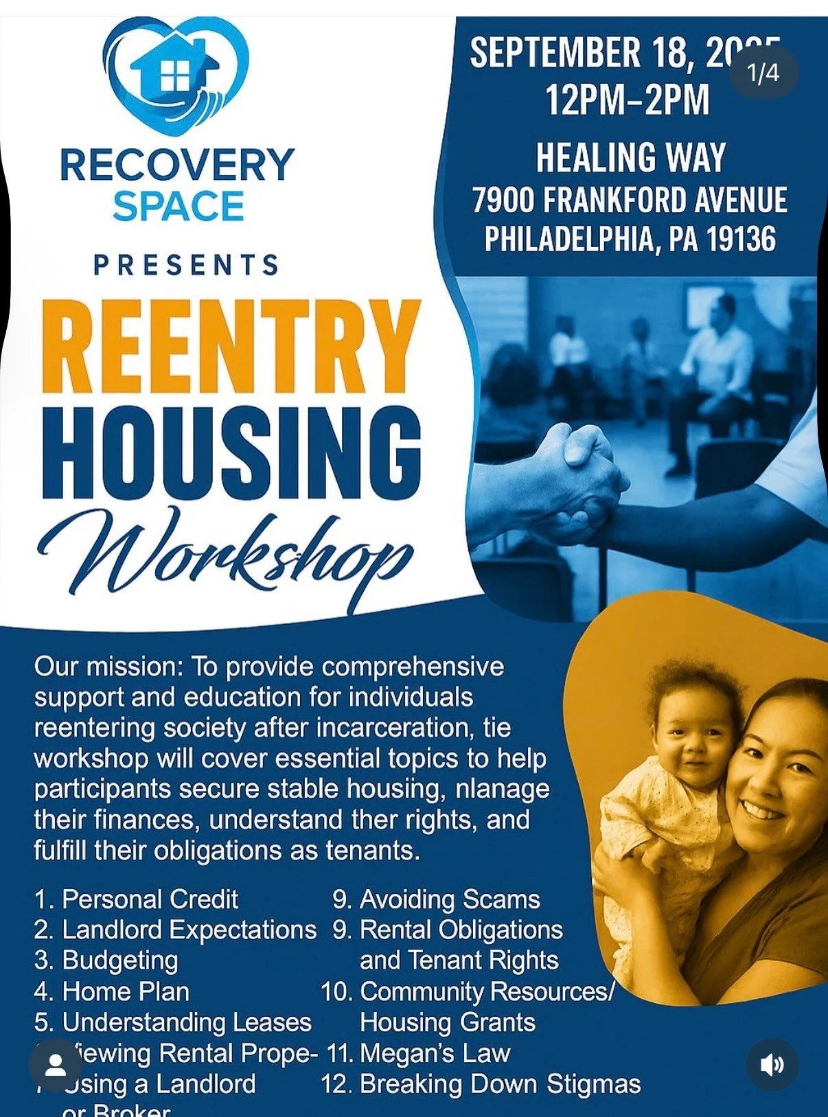 Event poster for a Reentry Housing Workshop hosted by Recovery Space, scheduled for September 18, 2023, from 12 PM to 2 PM at Healing Way, 7900 Frankford Avenue, Philadelphia, PA. The poster includes details about the workshop's mission, topics covered, and an image of a woman holding a child smiling.