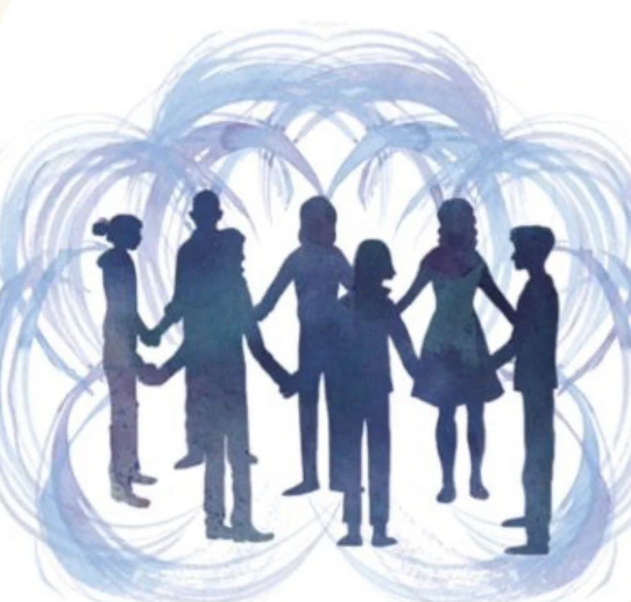 Silhouettes of six people holding hands, surrounded by abstract blue lines.