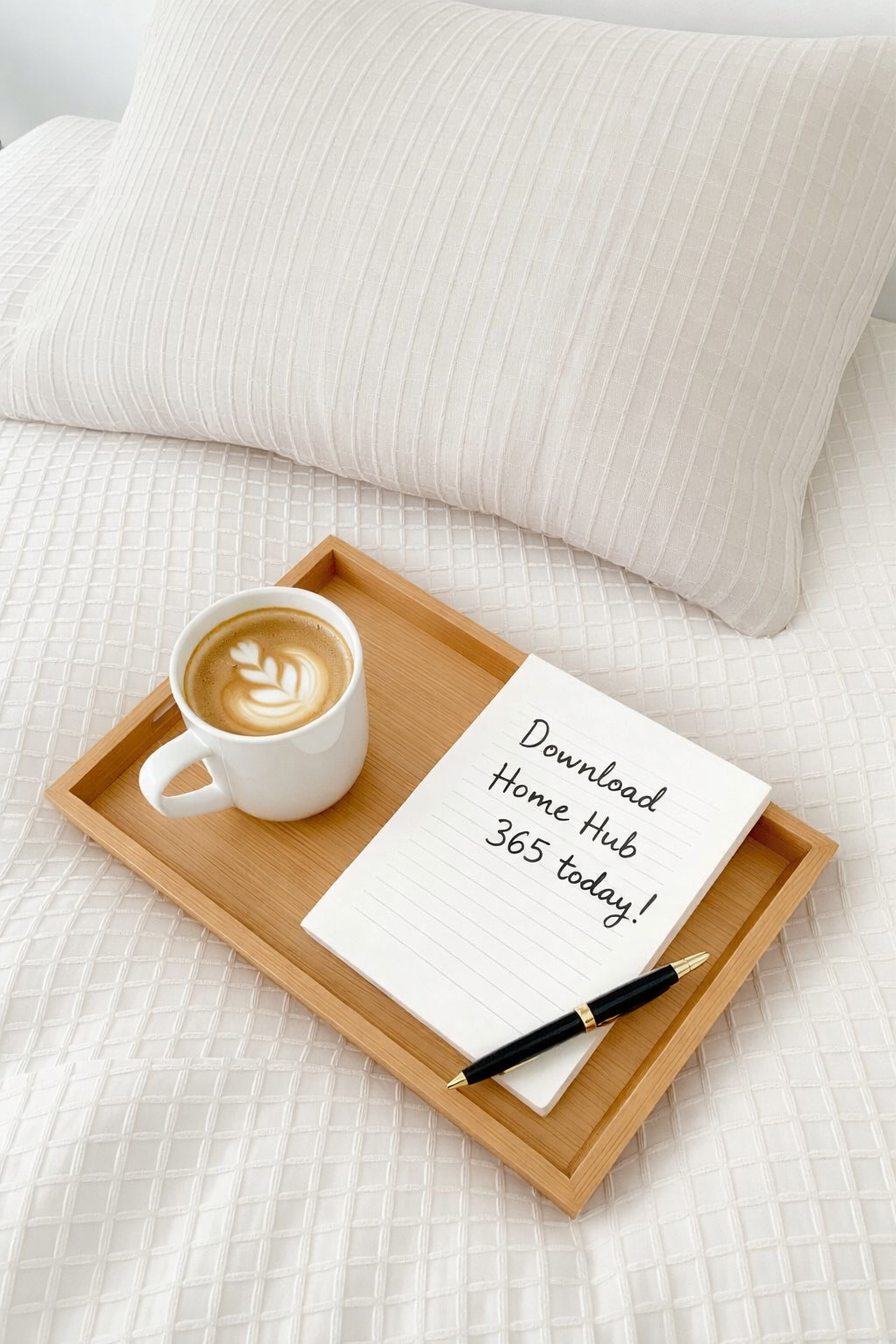 A white bed with a pillow, a wooden tray holding a cup of latte with latte art, a handwritten note that says 'Download Home Hub 365 today!' and a black pen.