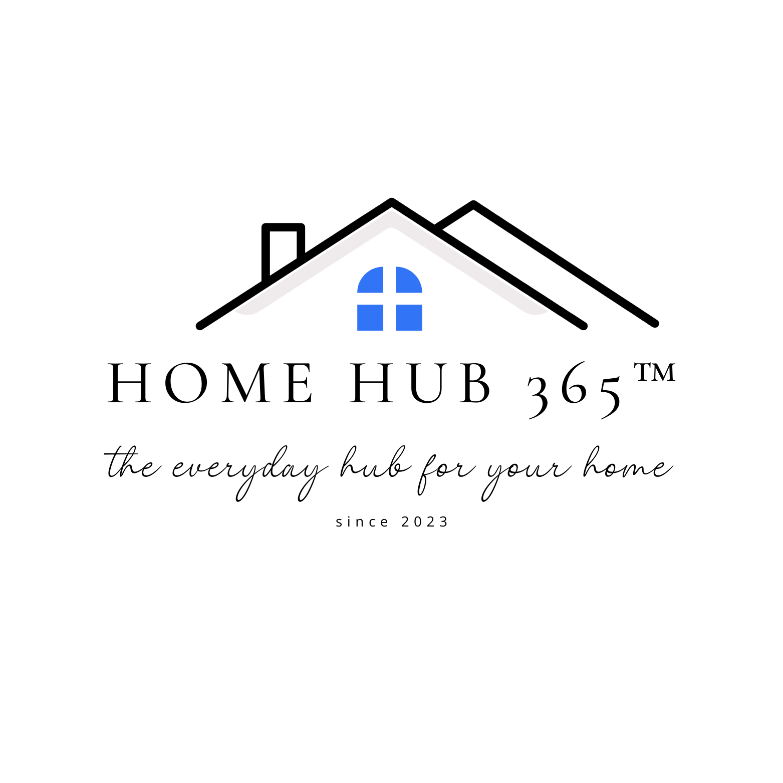A black silhouette of a house with a pitched roof and a blue arched window with four panes.