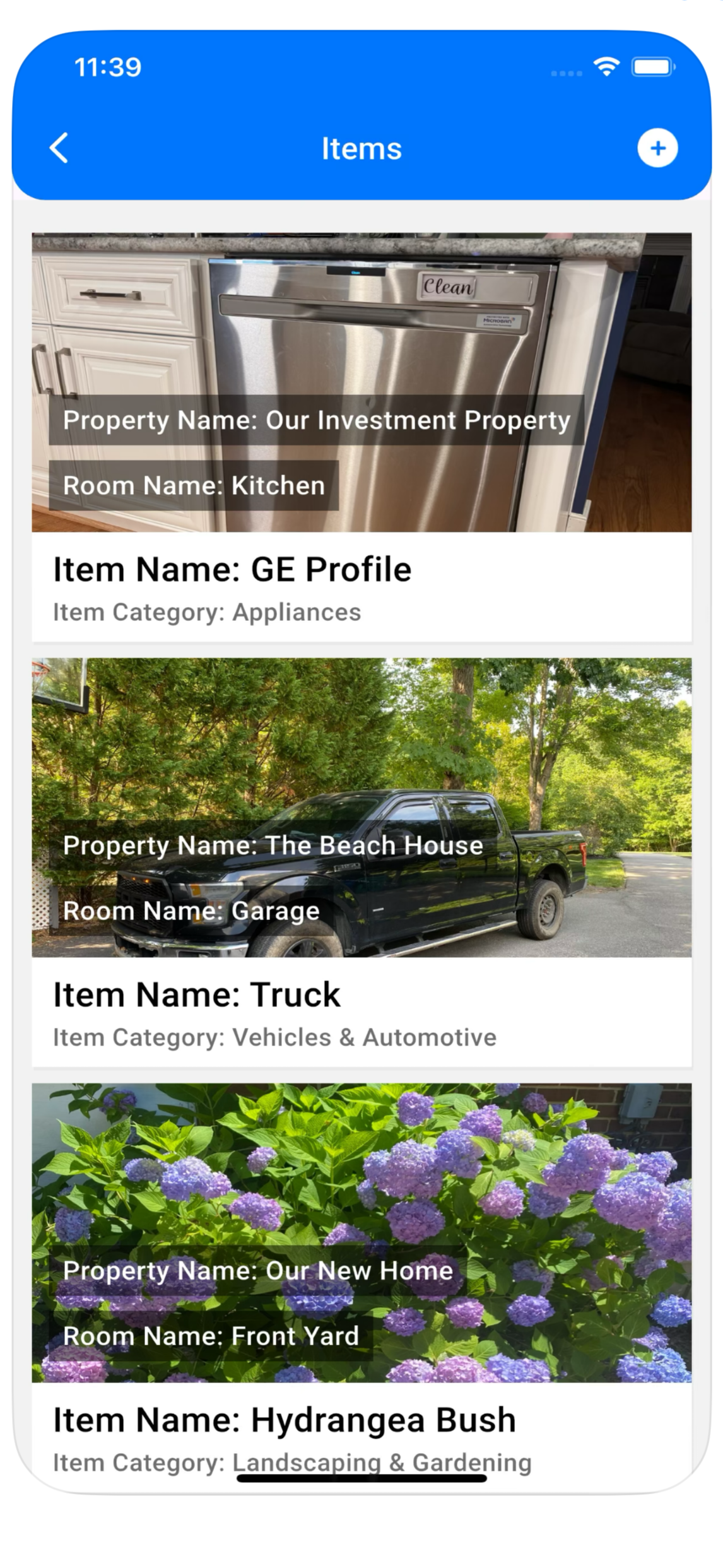 Home Hub 365 screenshot of a mobile app displaying property items, including a kitchen appliance labeled GE Profile, a black truck in a driveway, a lawn with purple hydrangea bushes, and property details for each item.