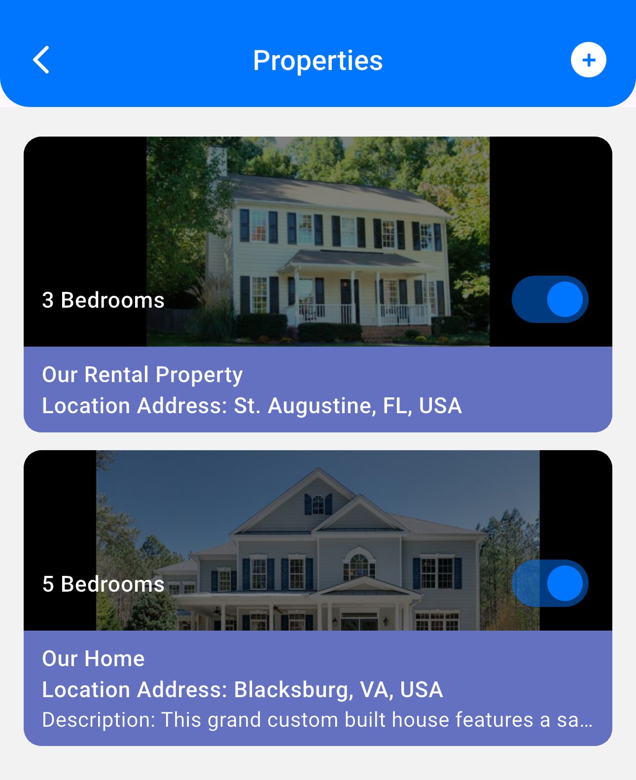 Home Hub 365 screenshot of two large houses listed as rental properties and homes, with details of their locations and features. The first house is in St. Augustine, Florida. The second house is in Blacksburg, Virginia.