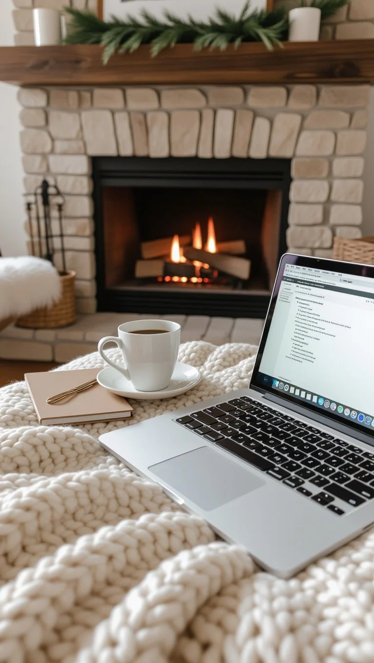A cozy living room scene with a laptop, cup of coffee on a saucer, notebook, and pen on a chunky knit blanket in front of a lit fireplace with a brick surround and greenery on the mantle.