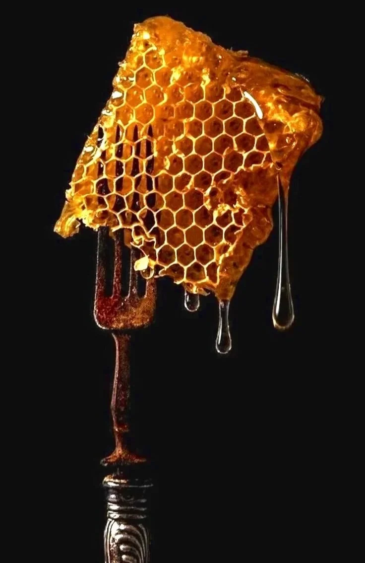 A honeycomb piece on a fork with honey dripping from it, against a black background.