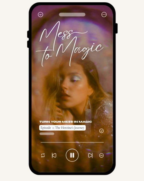 A smartphone displaying a podcast app titled 'Mess to Magic' with a woman and a purple, hazy background.