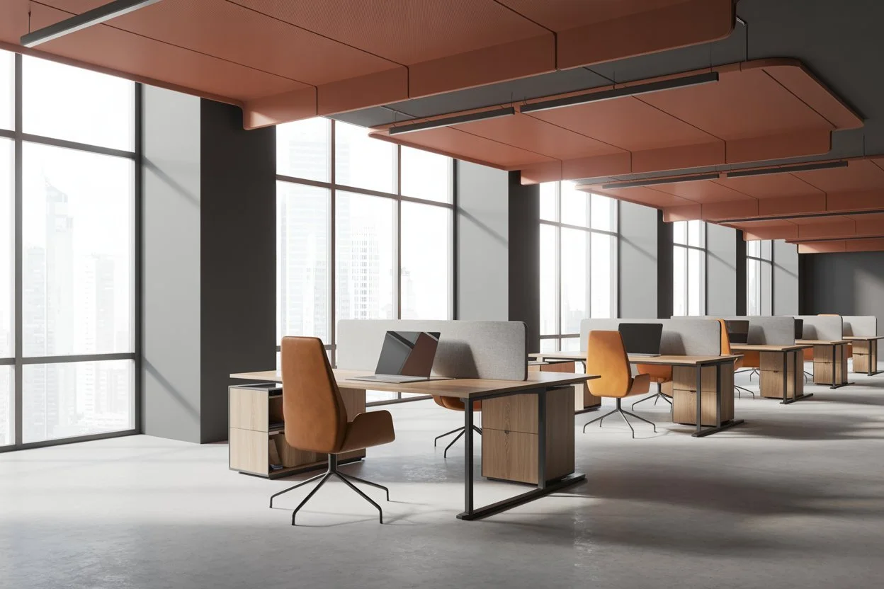 Empty modern office space with desks and orange chairs, large windows, and ceiling panels.