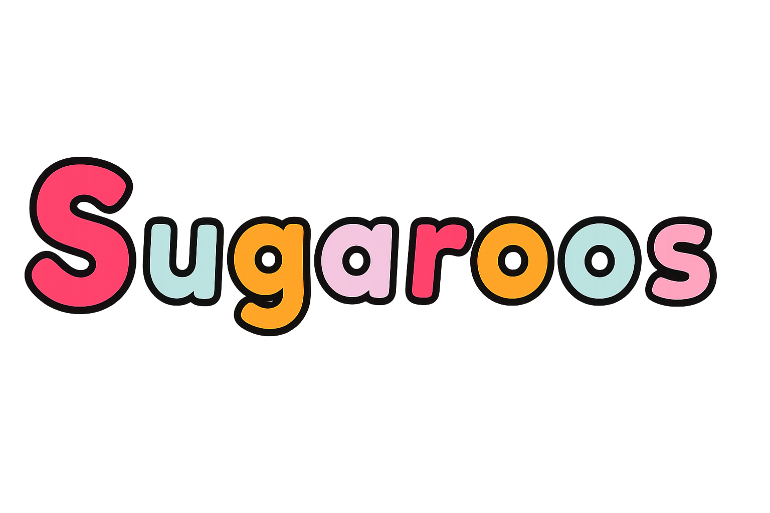 Colorful storefront sign spelling 'Sugaroos' with multicolored, bubble-style letters outlined in black, above a store front against a background with glitchy digital effects.