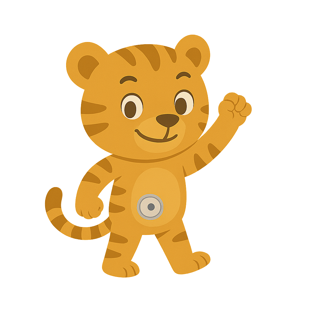 Cartoon tiger waving and smiling with a small circular device on its belly.
