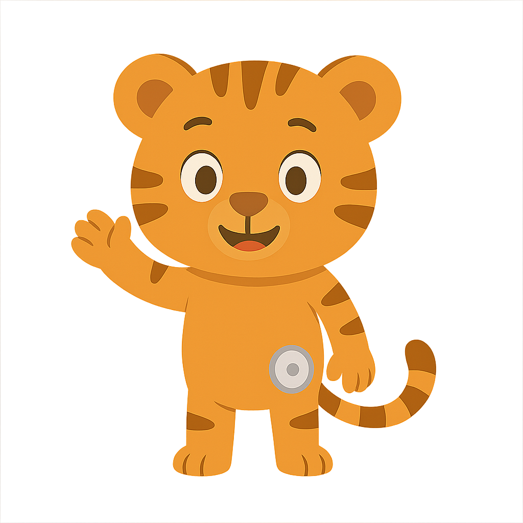 Cartoon tiger waving, with a round face, big eyes, and orange fur with darker stripes.